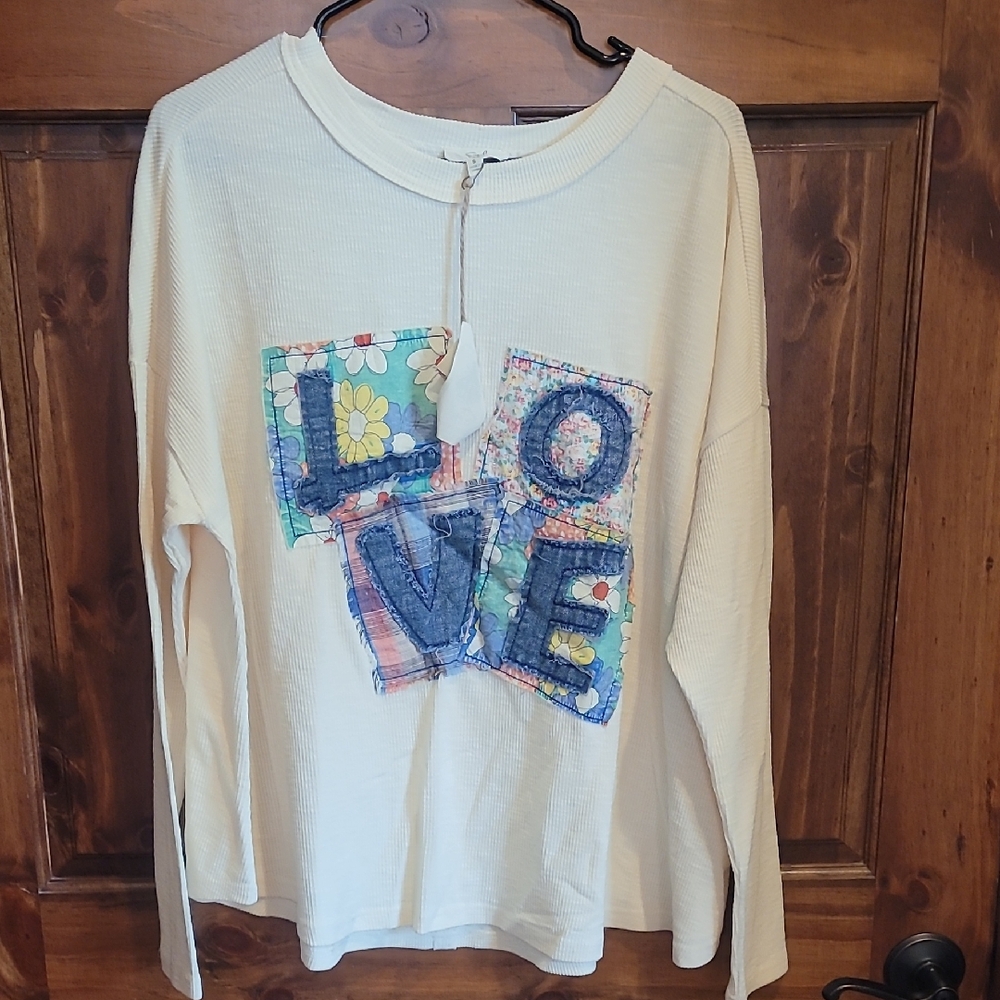 Easel Love Patchwork Long Sleeve Shirt - Cream